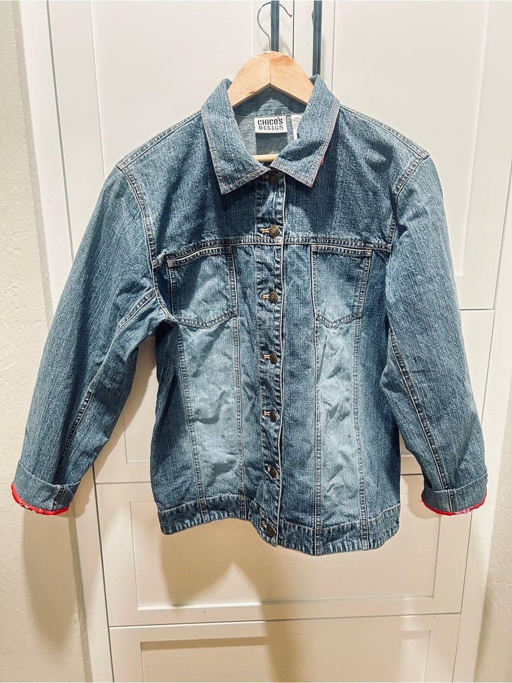 Chico's Denim Jacket in Blue with Orange Stitching